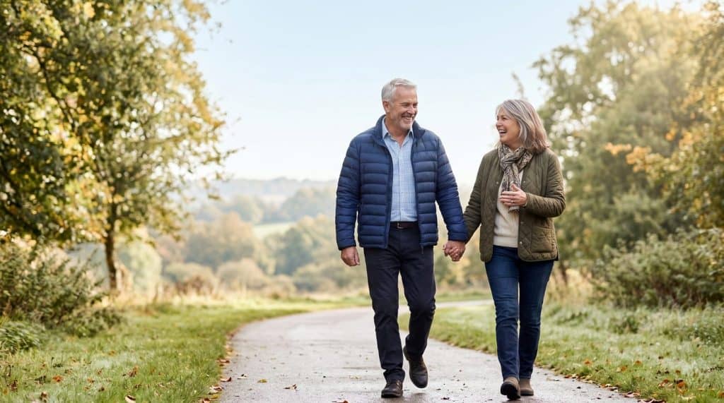 Sleep and Obesity Medicine — active couple walking outdoors after improving sleep and weight.