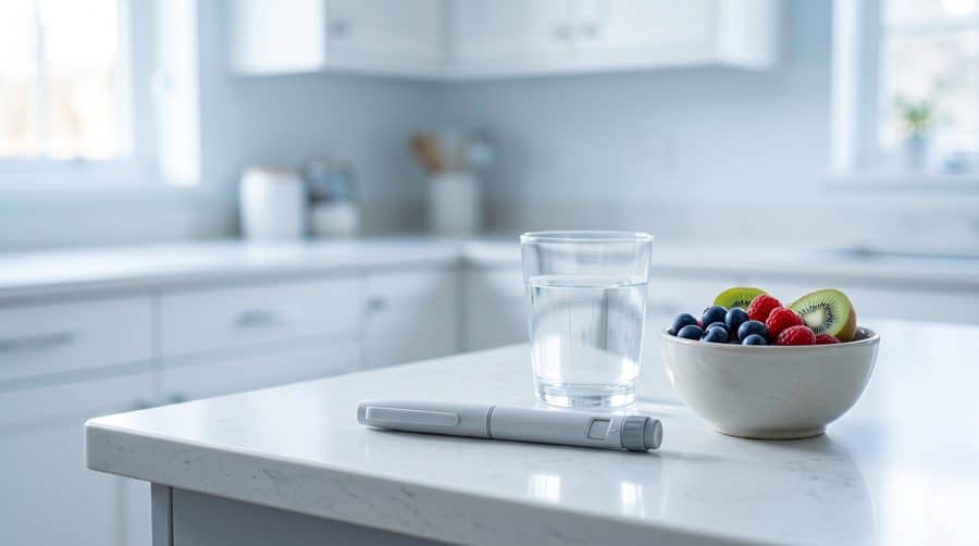 Shaquille O'Neal Sleep Apnea — GLP-1 injection pen with water and fresh fruit, representing weight-focused OSA treatment